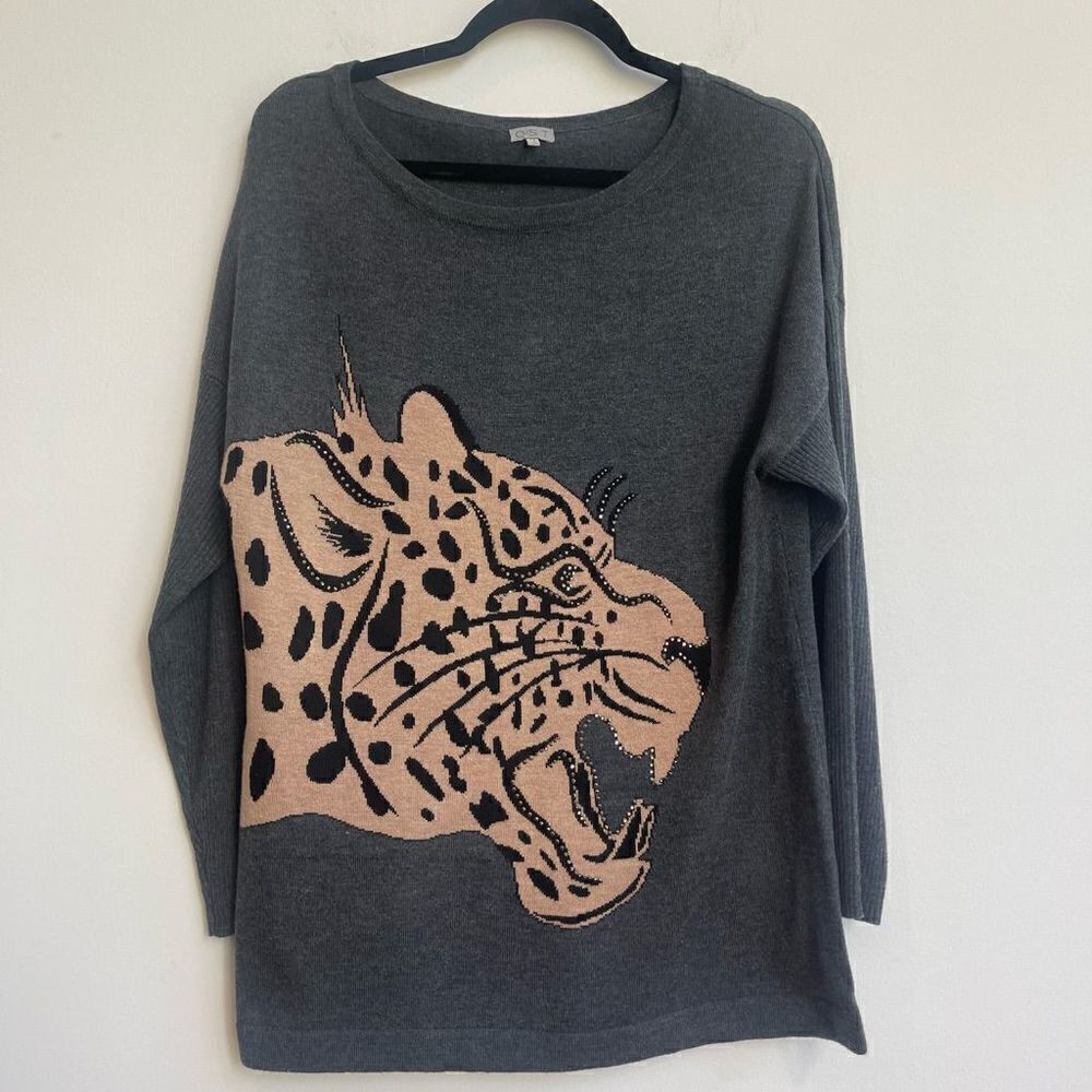 OST Wool Blend Leopard Print Jewel Studded Grey Oversized Sweater - Medium